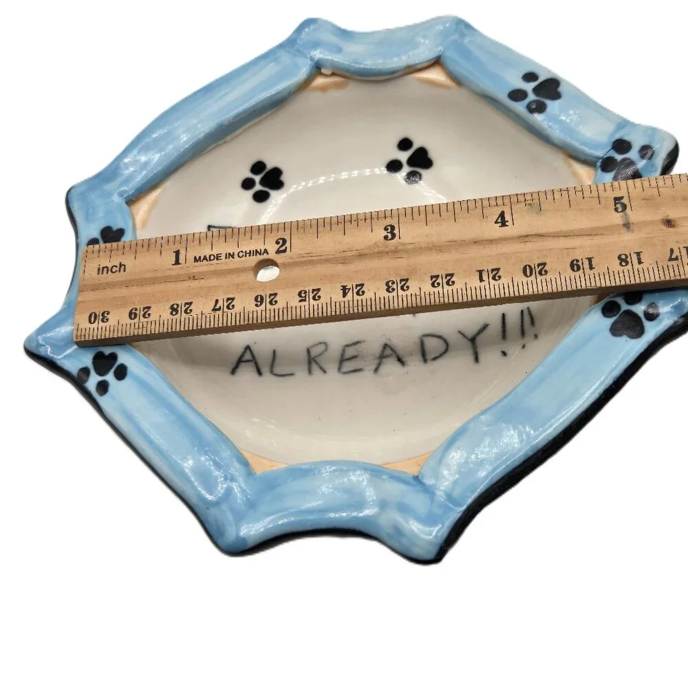 Feed The Kitty Cat Already Dish Bowl Blue White Paw Prints Artist Signed